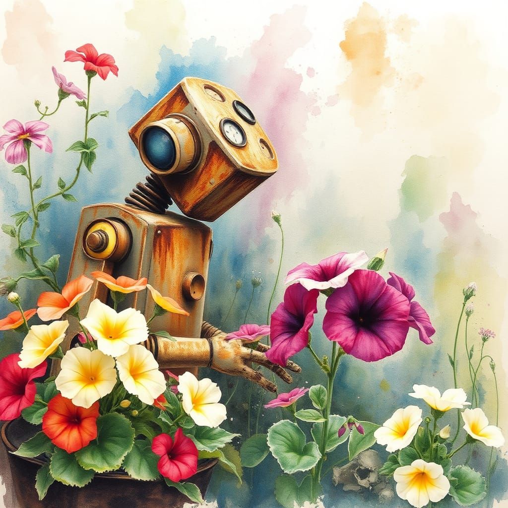 Robot Gardener: Surreal Watercolor Petunias