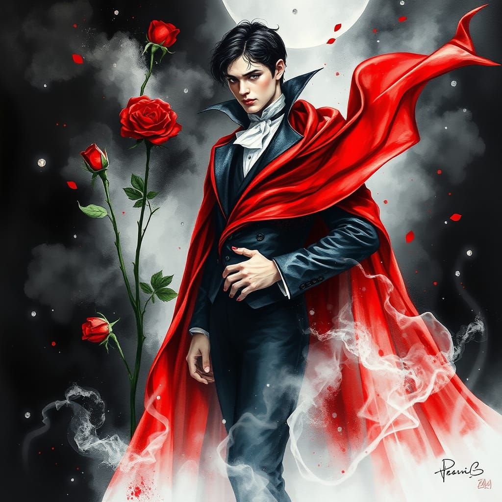 Ethereal Young Count Dracula in Scarlet Cloak, Amidst Rosebu...