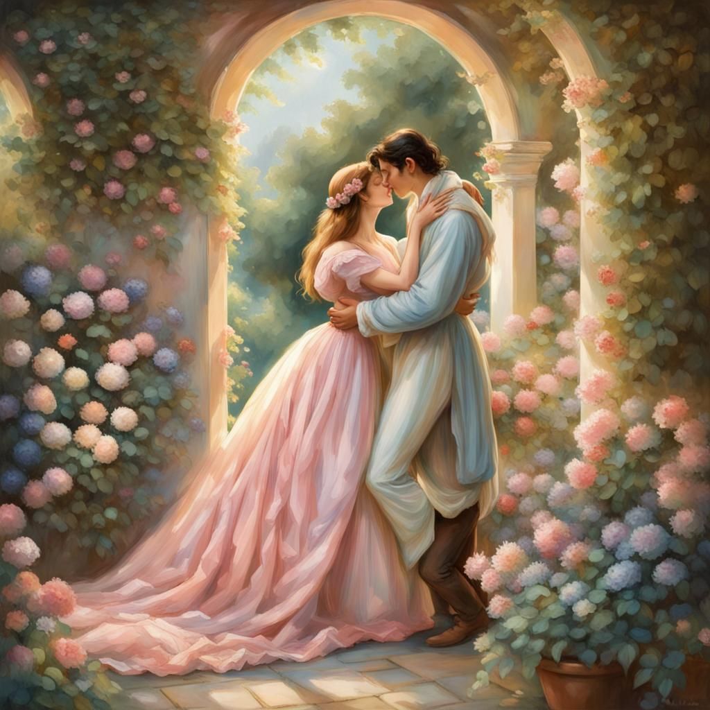 Romantic Kiss in Pastel Garden: Cinematic Digital Art