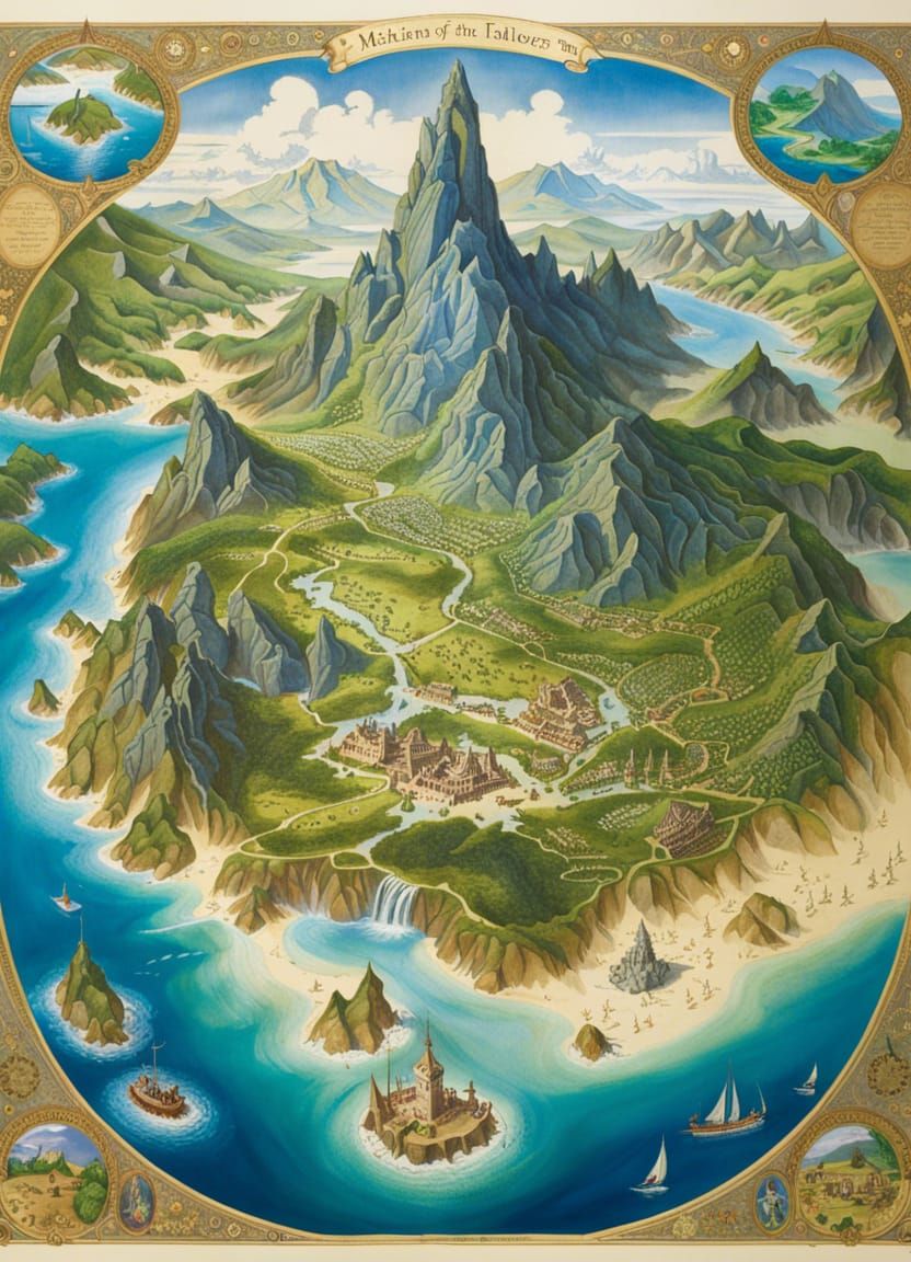 Detailed Fantasy Island Map in Classic Style