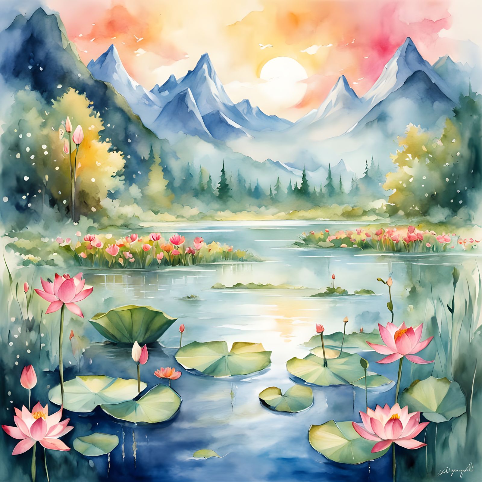 Whimsical Watercolor Scene with Blooming Lotus Flowers