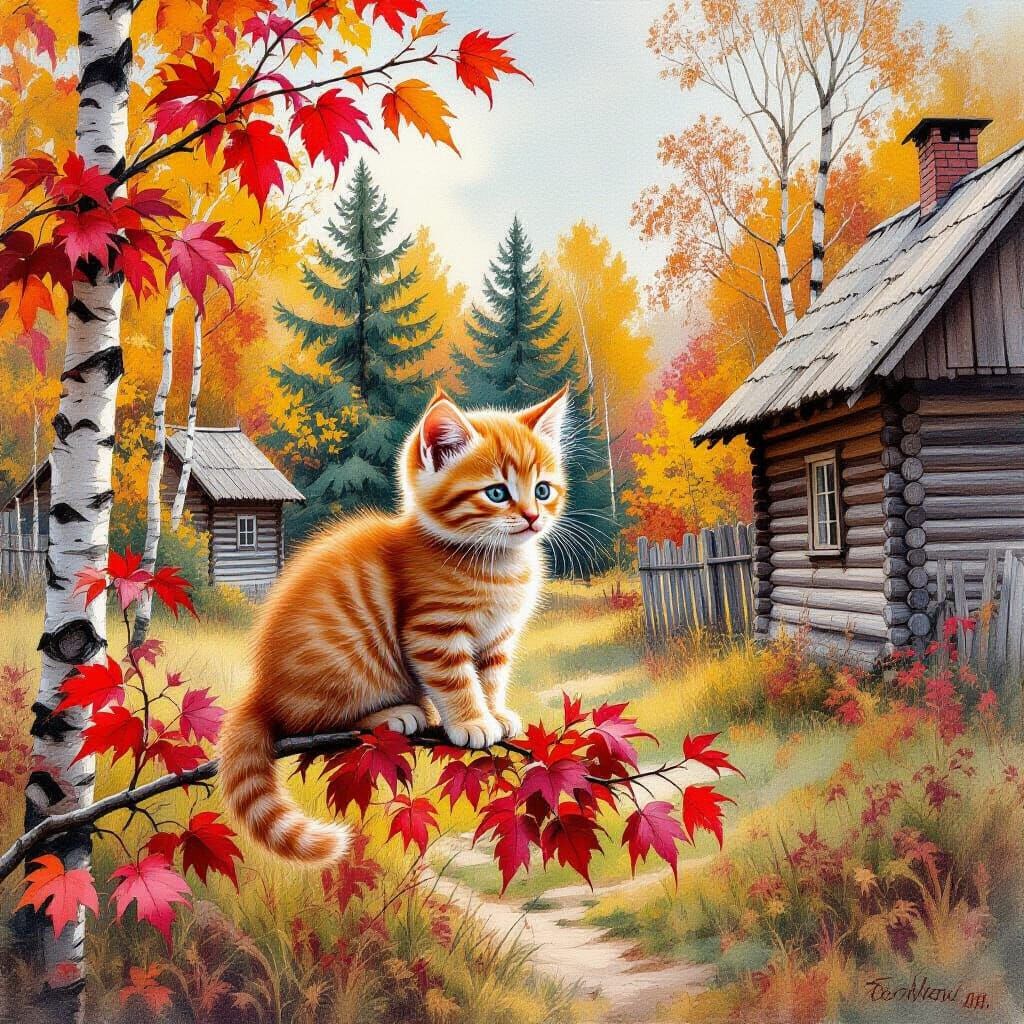 Red Kitten on Rowan Branch in Autumn Forest