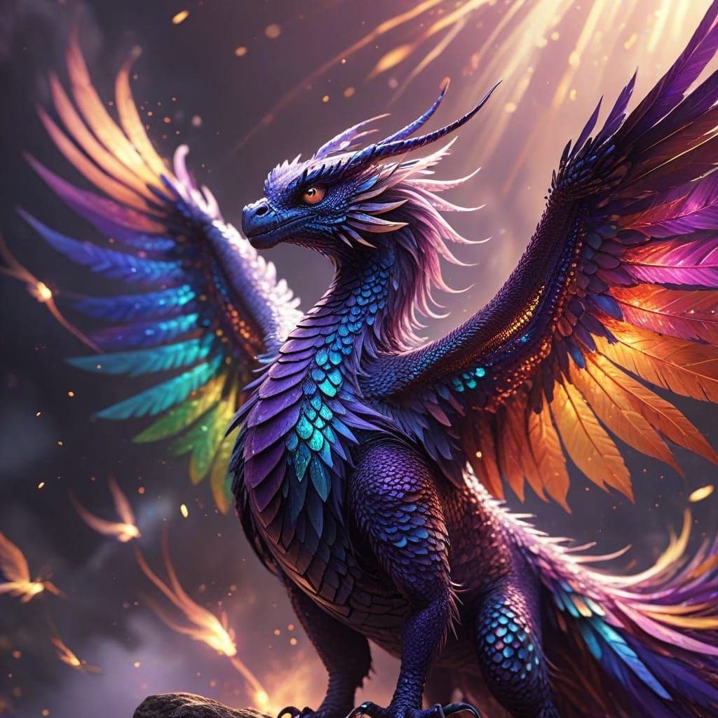 Majestic Purple Dragon and Rainbow Phoenix in Flight