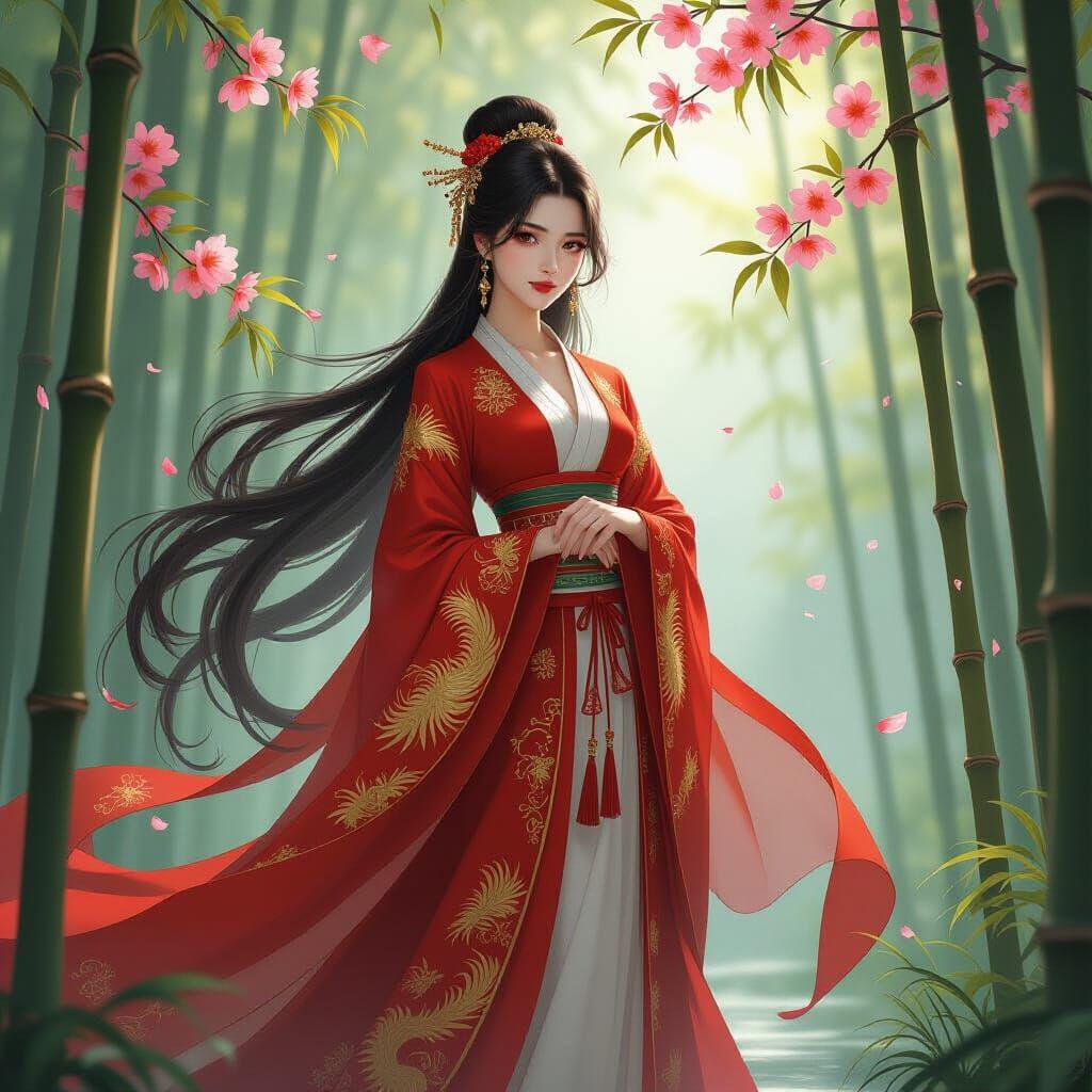 Woman in Red Hanfu in Bamboo Forest, Art Nouveau Style