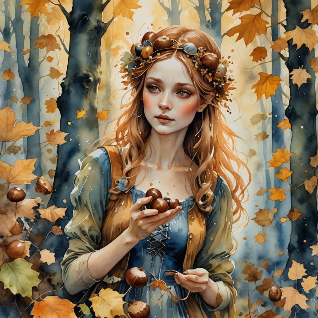 Autumn Fairy Picking Chestnuts in Misty Forest