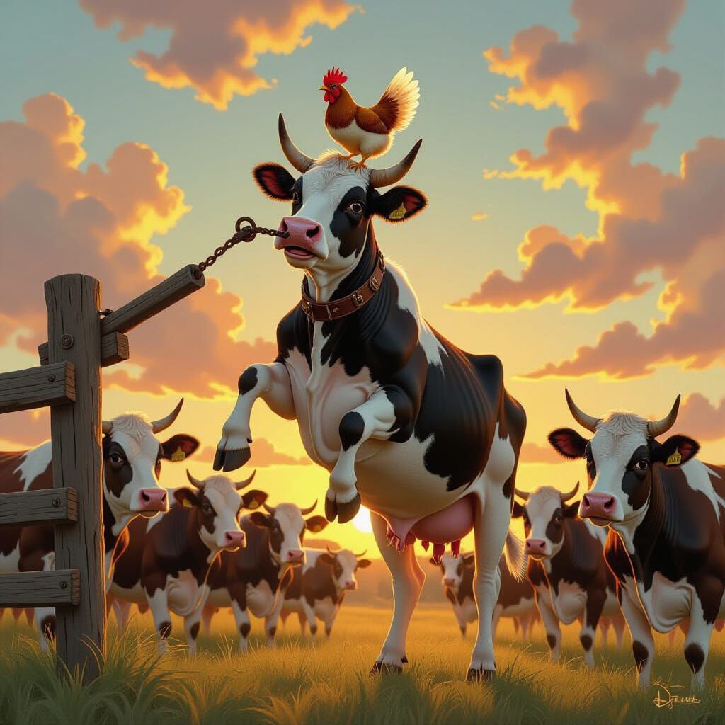 Triumphant Cow Escape in Old Master Style