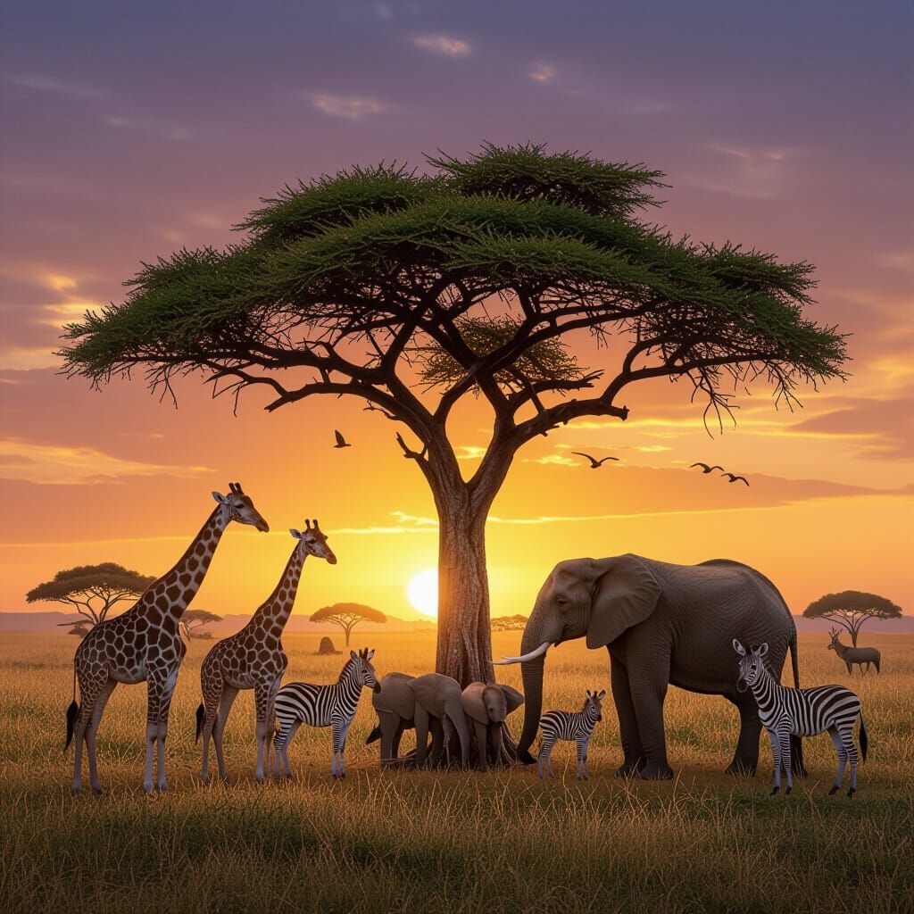 African Savannah Sunset with Elephants in Hyperrealism