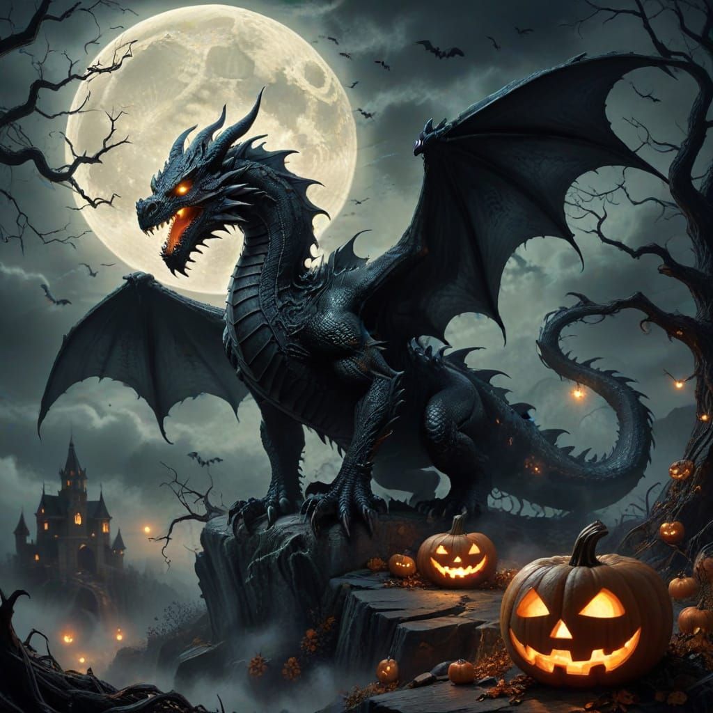 Fearsome Dragon Silhouette Halloween Moon