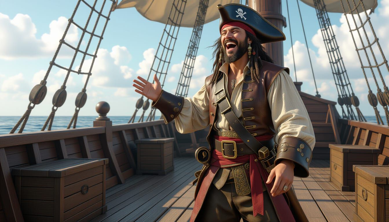 Hyperrealistic Pirate Captain Laughing on Ship Deck