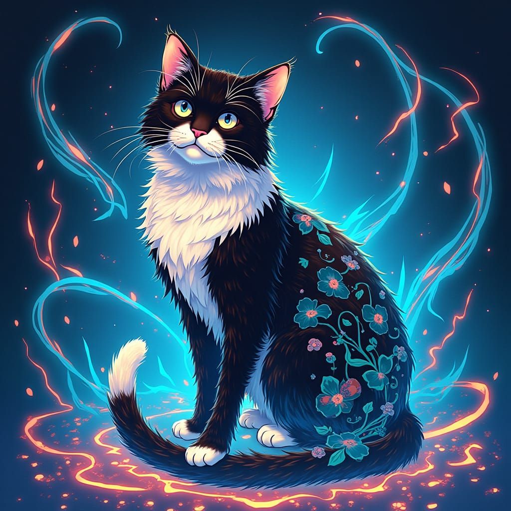 Majestic Tuxedo Cat Ablaze with Anime Art