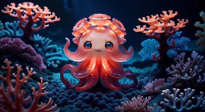 Bioluminescent Chibi Octopus in Coral Reef