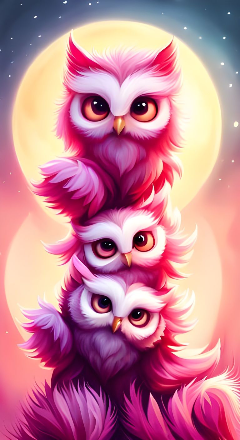 Stacked Pink Baby Owls in Oil Painting Style