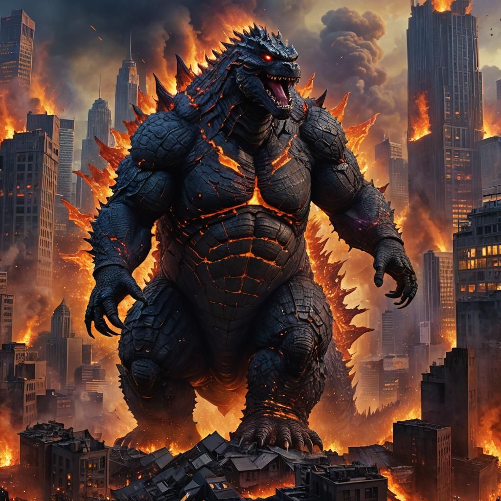 Colossal Godzilla Rampage Through Burning Cityscape