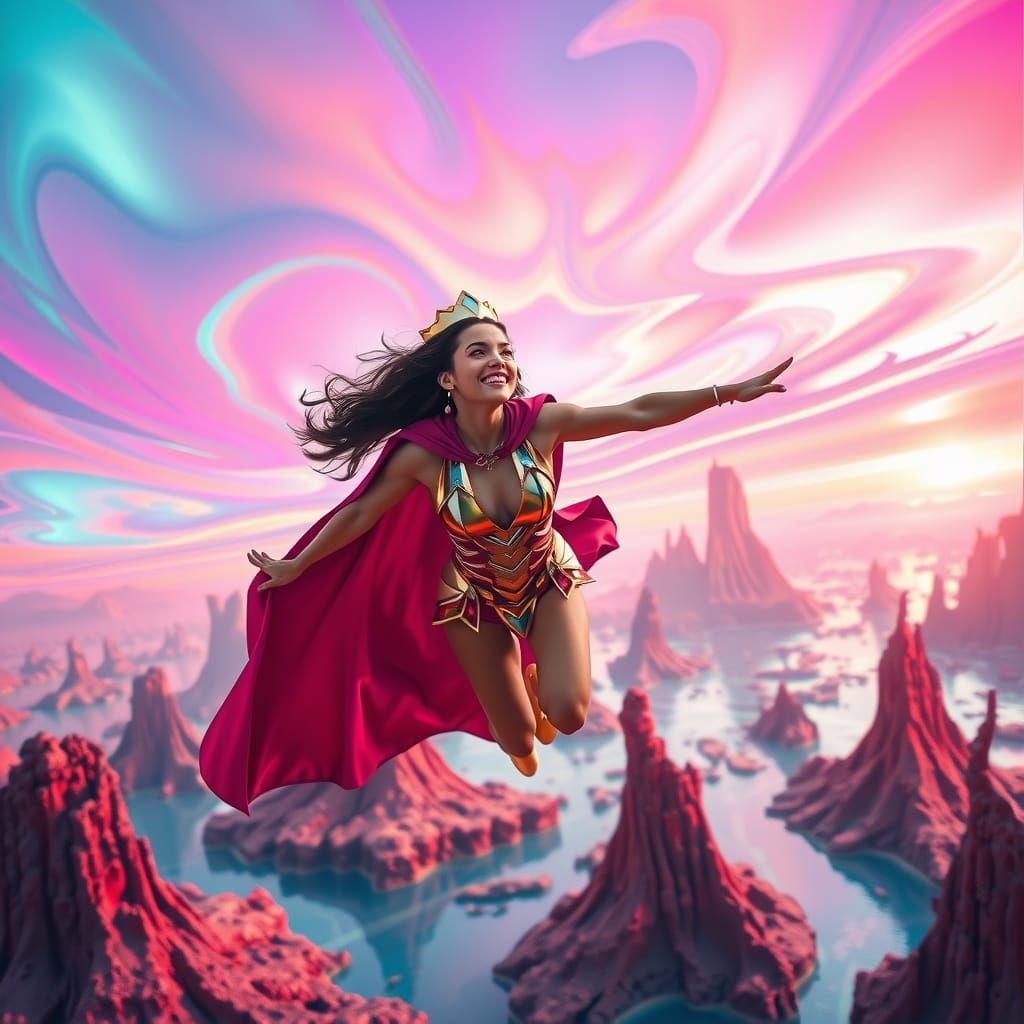 Female Superhero Soaring Through Alien Landscape
