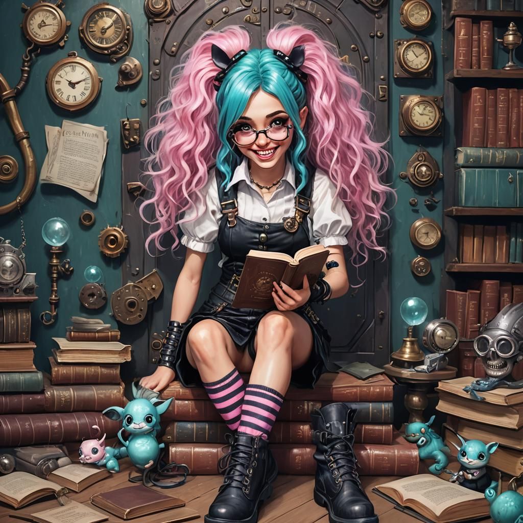 Steampunk Girl Reading in Wonderland Fantasy