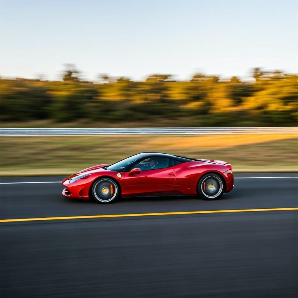 Sleek Ferrari in Motion, Captured in a Golden Hour Long Expo...