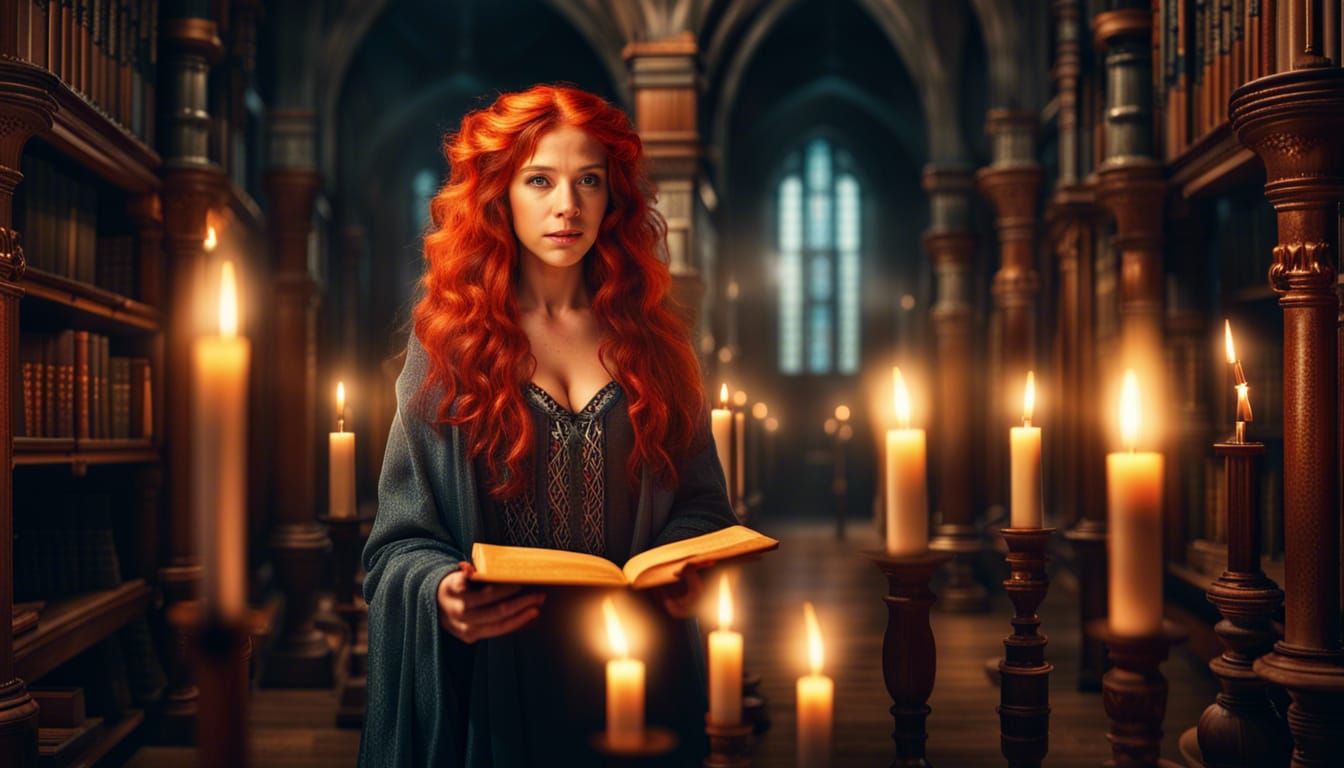 Red Haired Wizard Casting Spell in Old Library