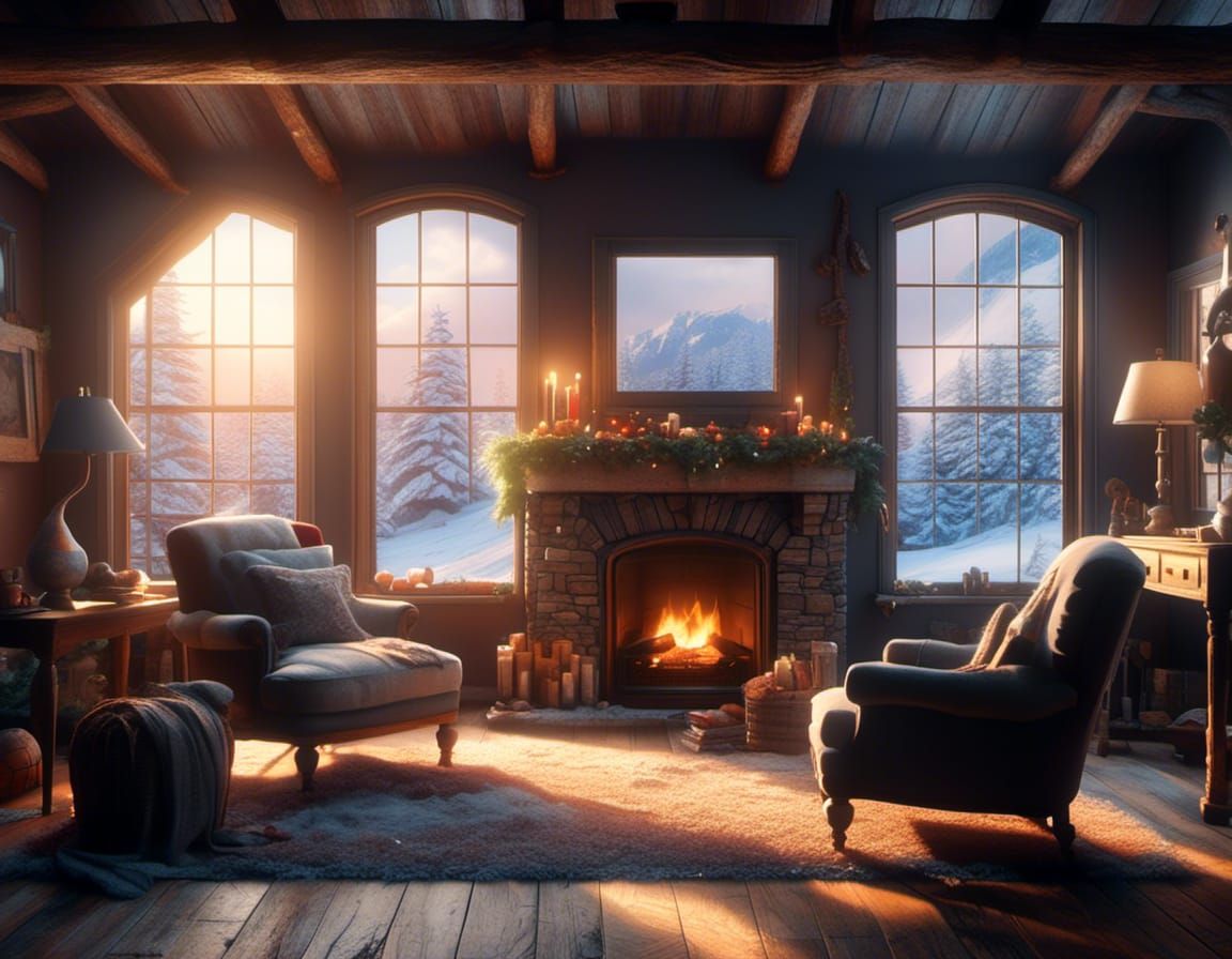Cozy Winter Fireplace, Hyperrealistic Digital Art