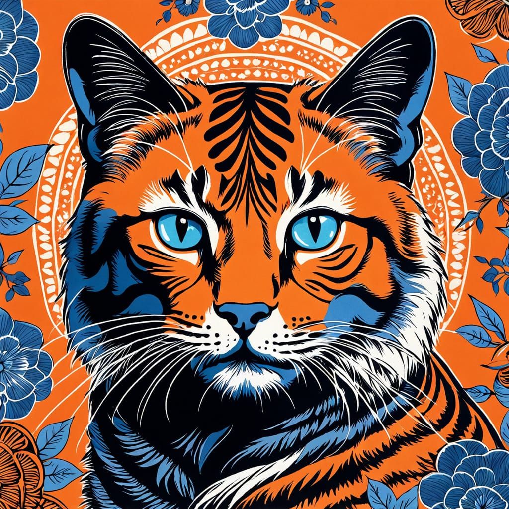 Vibrant Block Print Feline Portrait