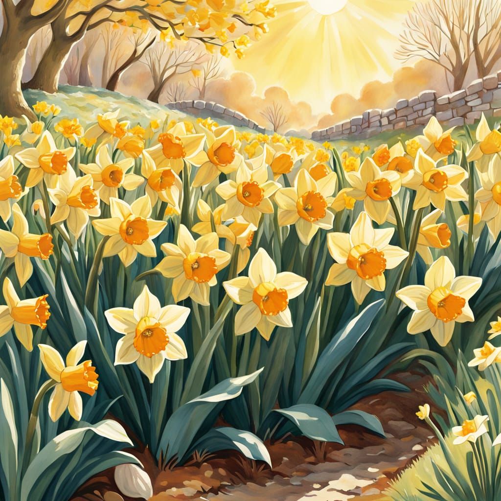 Whimsical Daffodil Garden in Warm Golden Light