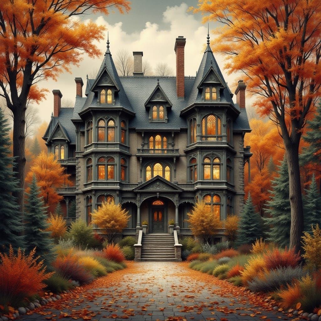 English Manor in Autumnal Splendor, Expressive Gouache Art