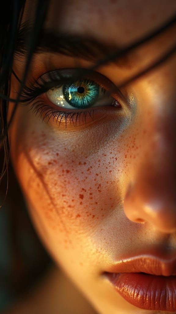 Hyper-Realistic Close-Up of a Striking Face with Piercing Bl...