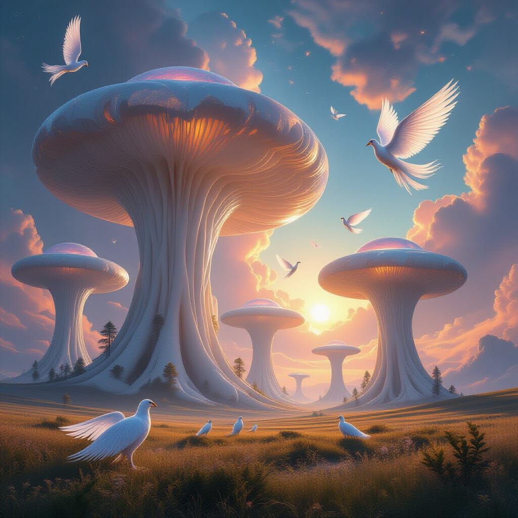 Surreal Crystal Mushrooms Amidst Cosmic Nebulae