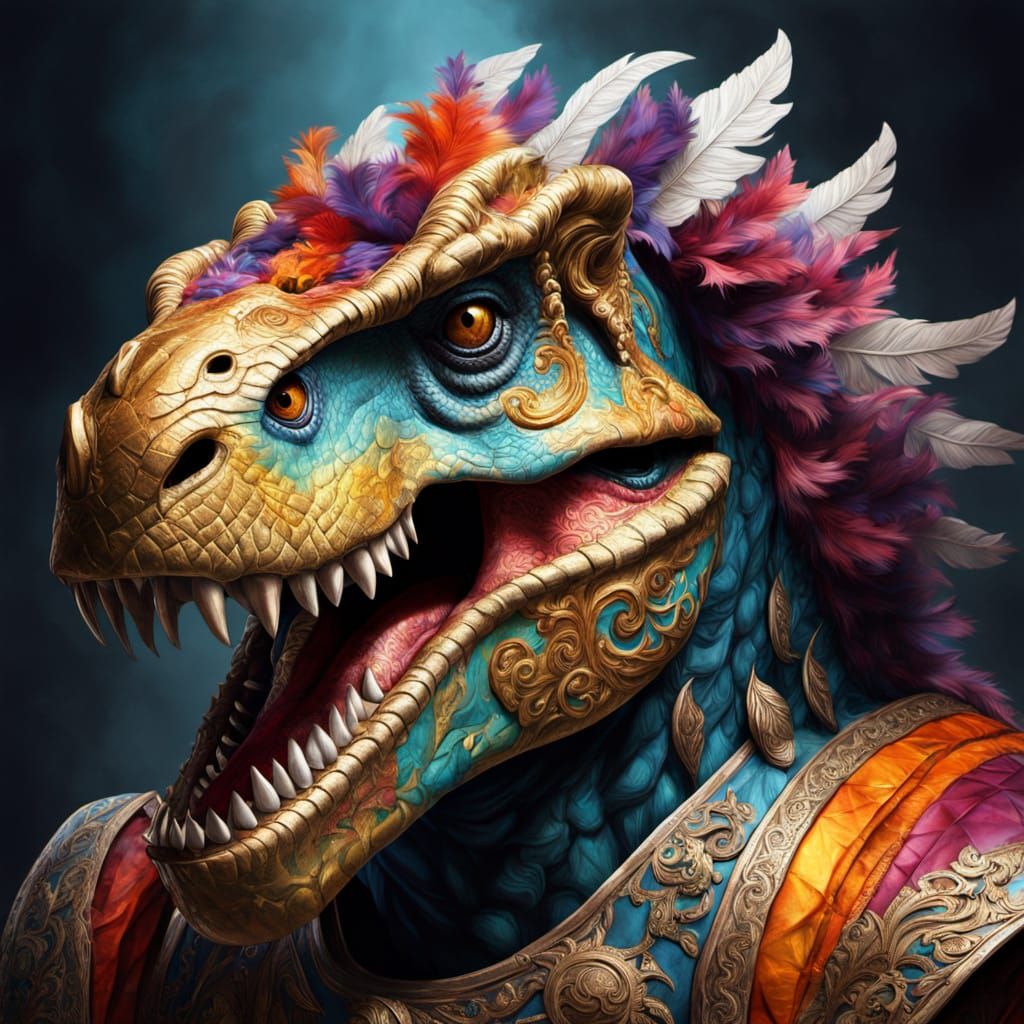 Colorful Fabric T-Rex with Gladiatorial Hat and Silk Wings