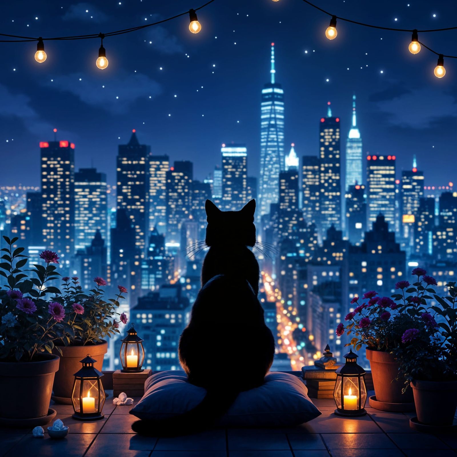 Black Cat Surveys Glowing City Skyline at Midnight