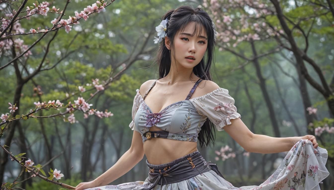 Detailed Japanese Cosplay Girl in Floral Attire