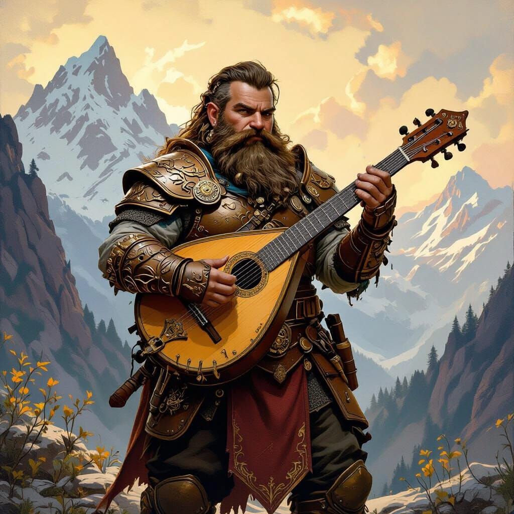 Dwarf Bard in Ornate Armor With Lute