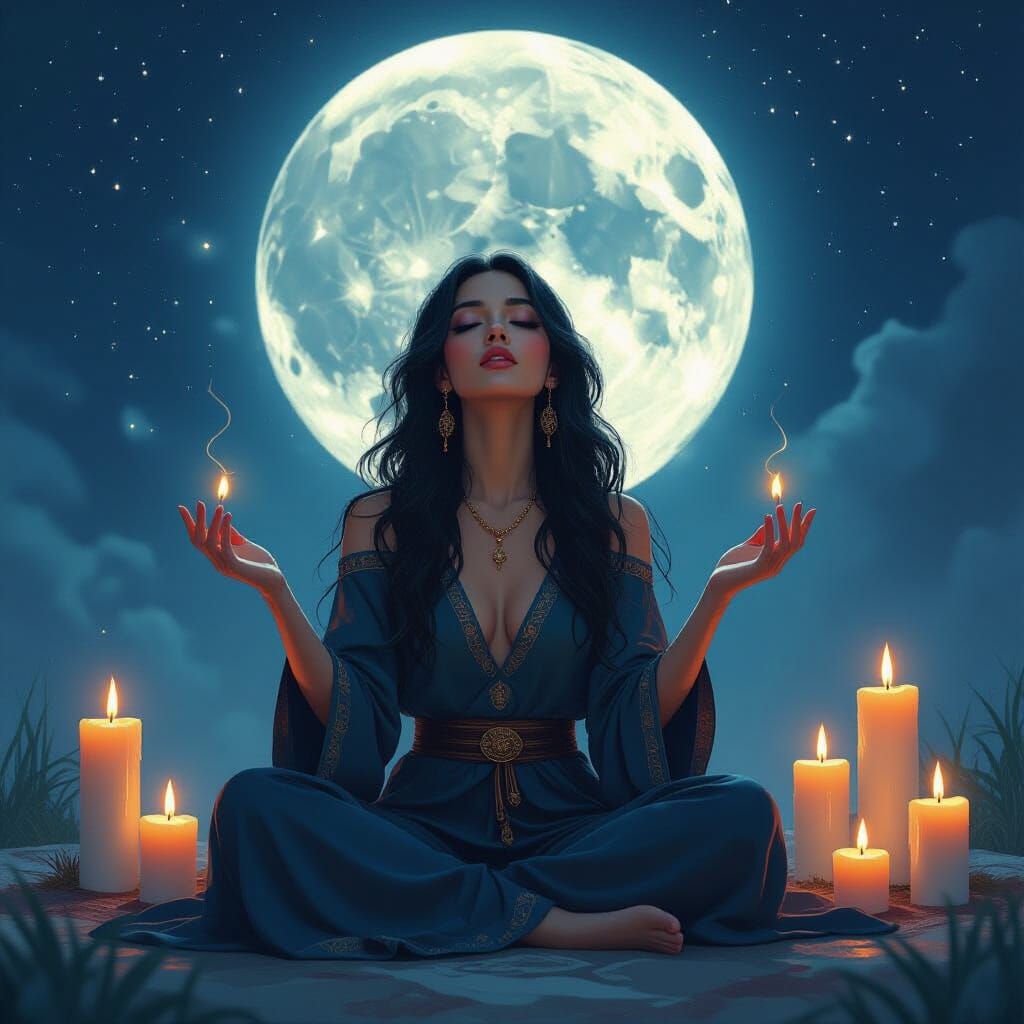 Ethereal Woman Chanting Under Full Moon