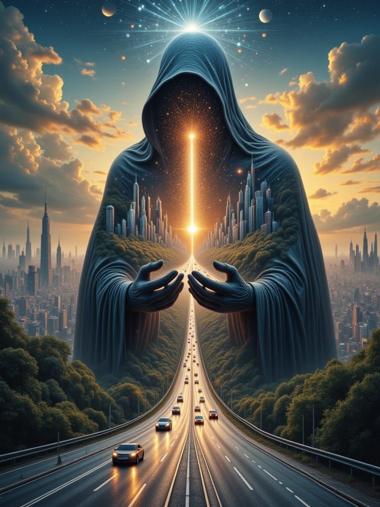 Godlike Figure Walks Towards the Viewer on a Cosmic Road