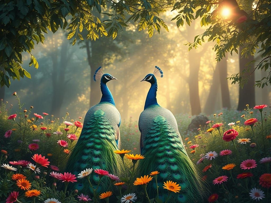 Ethereal Forest Scene with Majestic Peacocks