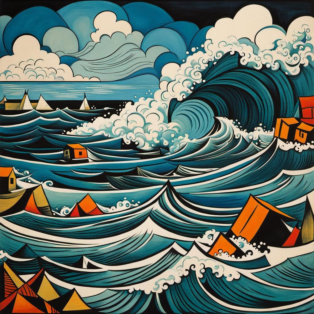 Violent Sea: Cubist Japanese Ink Drawing