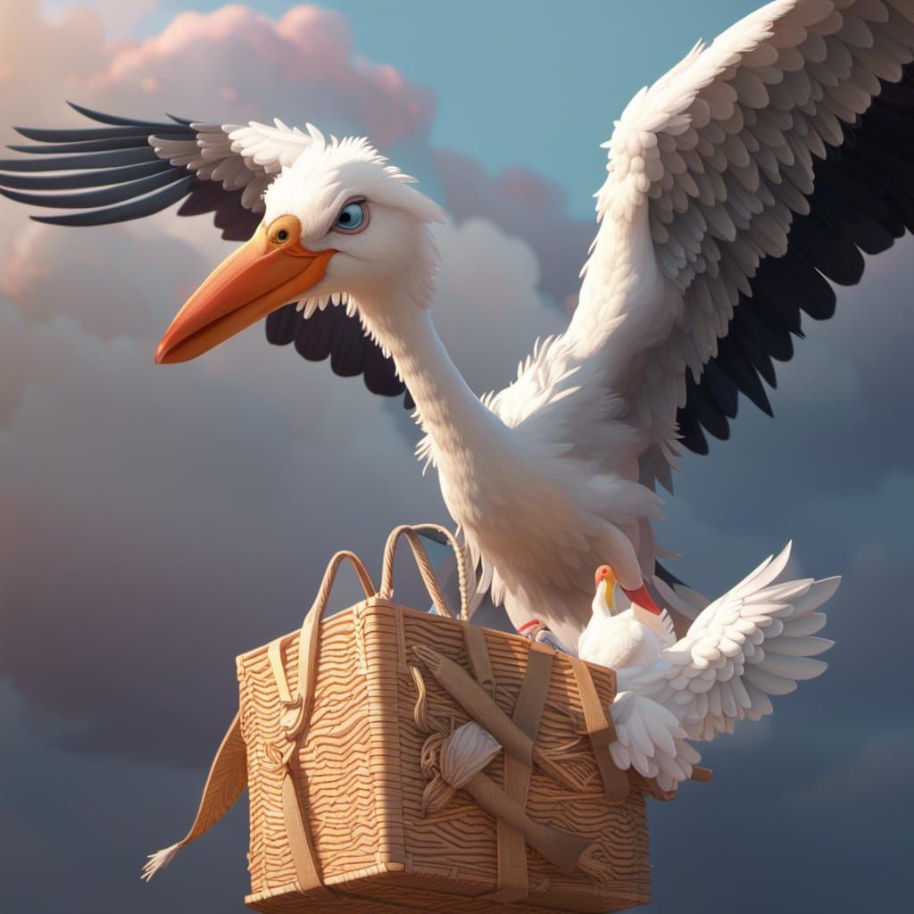 Stork Delivering Baby, Detailed Digital Art