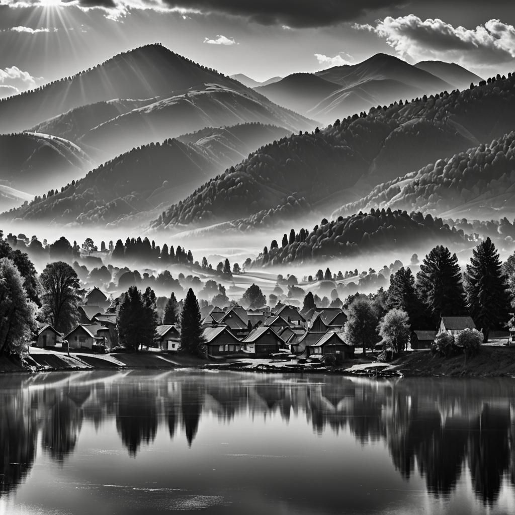 Lake with small village in hilly landscape, in the style of ...