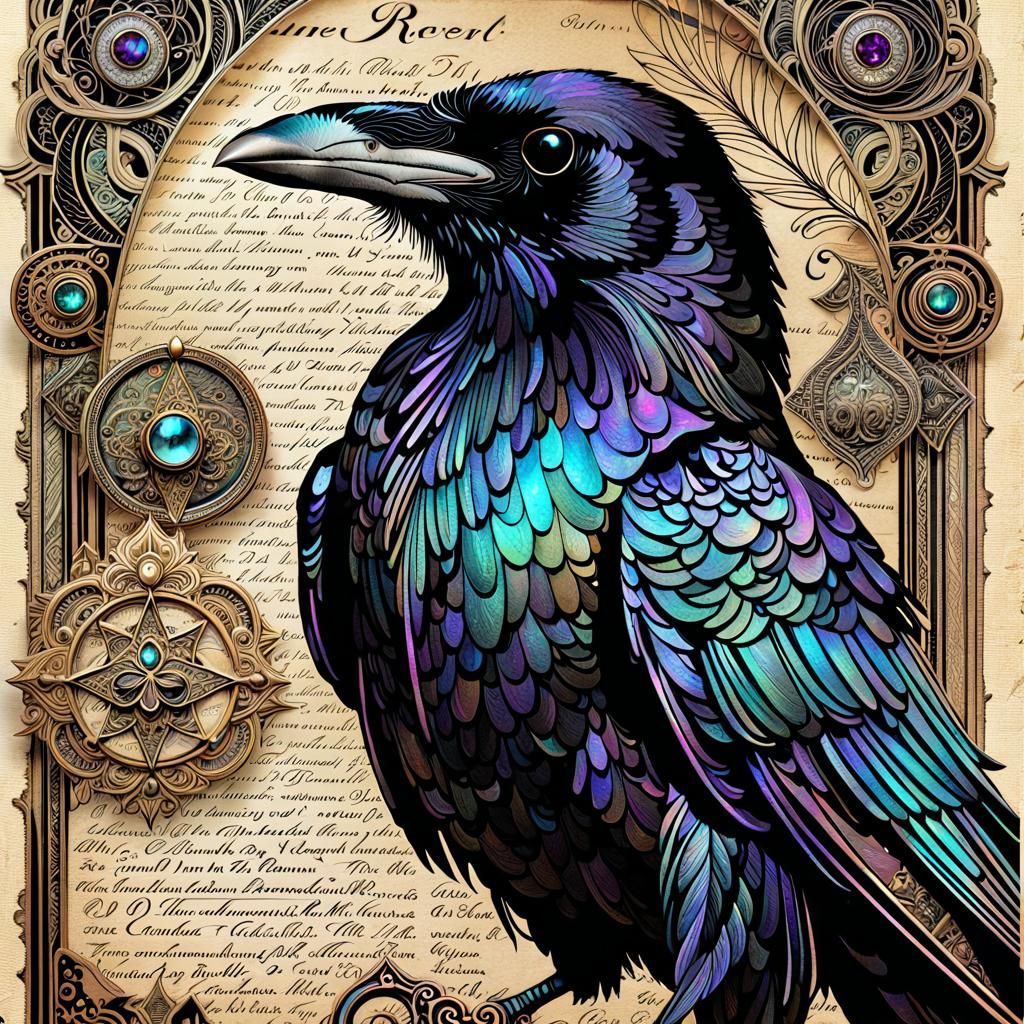 Iridescent Raven in Vintage Mixed Media Collage