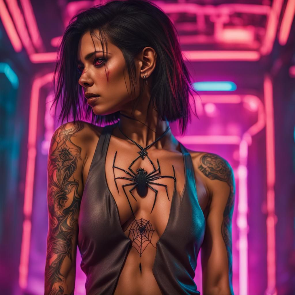 Brazilian Woman with Spider Tattoo in Cyberpunk Style
