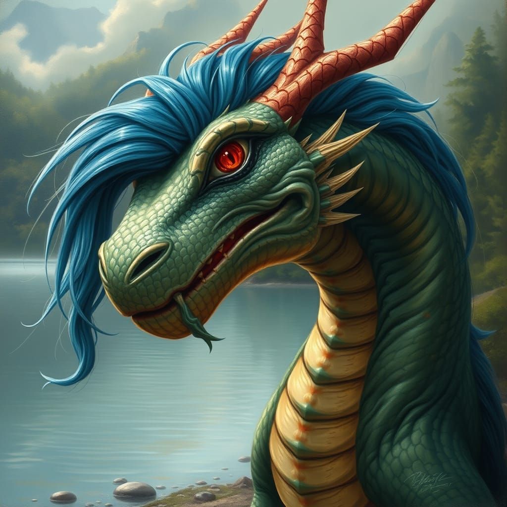 Realistic Oil Painting of a Smiling Dragon by a Serene Lake
