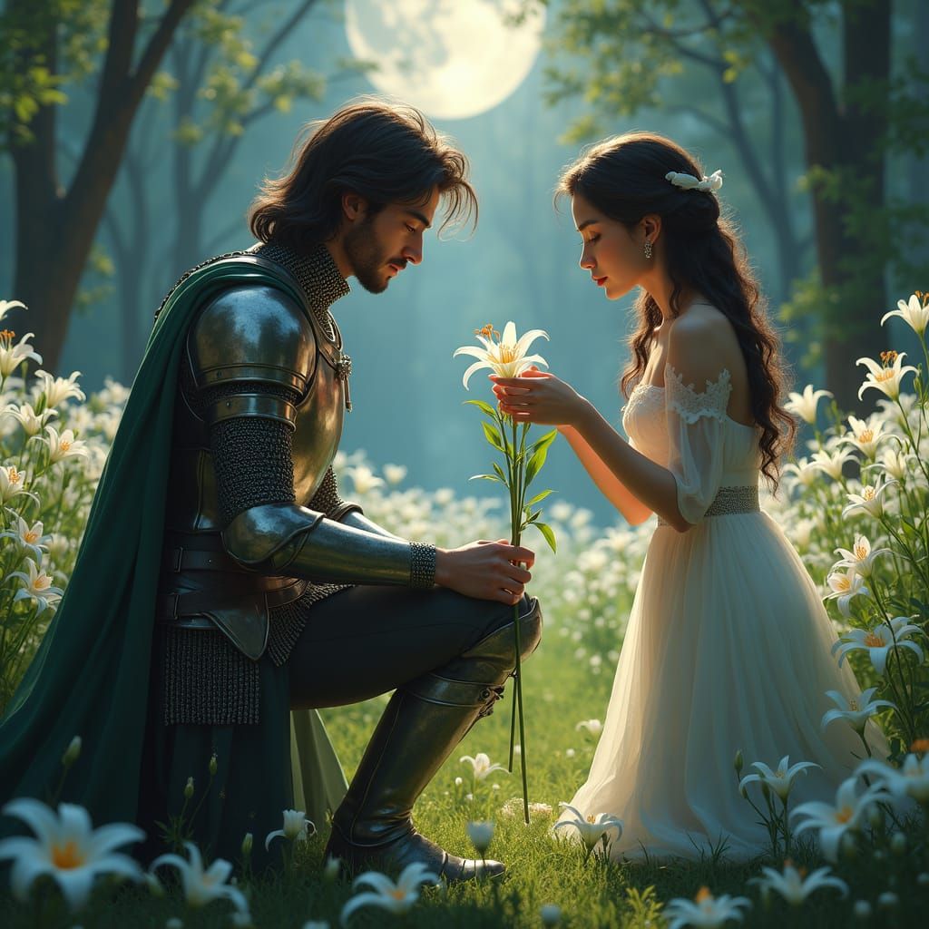 Moonlit Encounter of a Handsome Knight and Elven Queen amids...