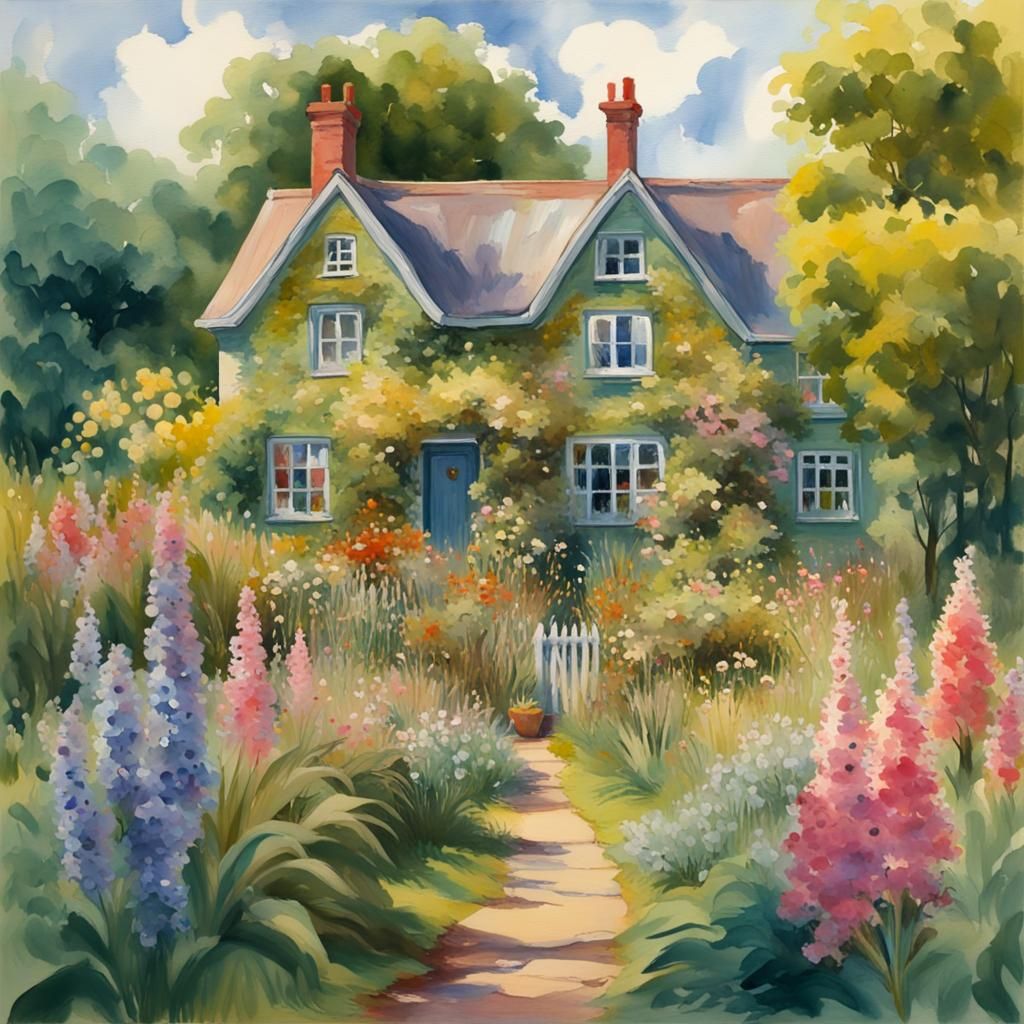 Idyllic Victorian Cottage Village in Gouache Style
