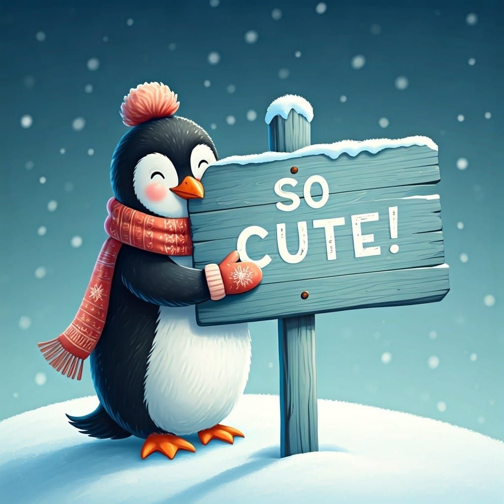 Charming Winter Scene with Penguin and Vintage Sign