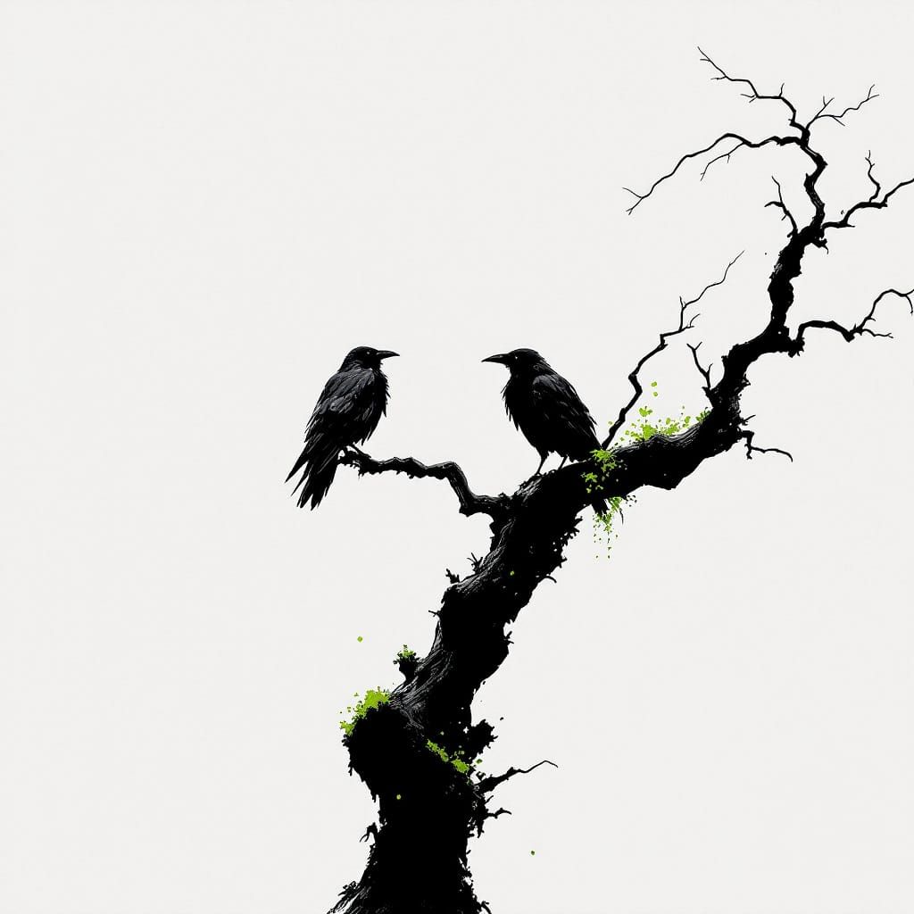 Greyscale Raven on Sakura Tree Ink Illustration
