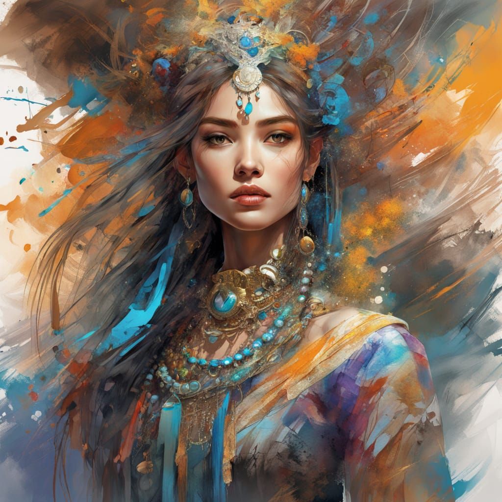 Gorgeous Woman in Detailed Colorful Clothing and Futuristic ...