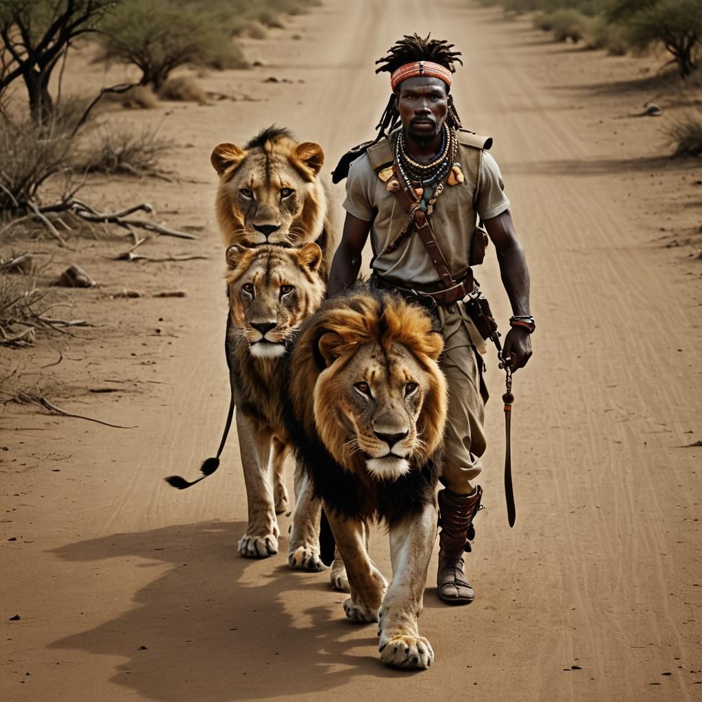 African Warrior Leads Lion: Professional Color Portrait