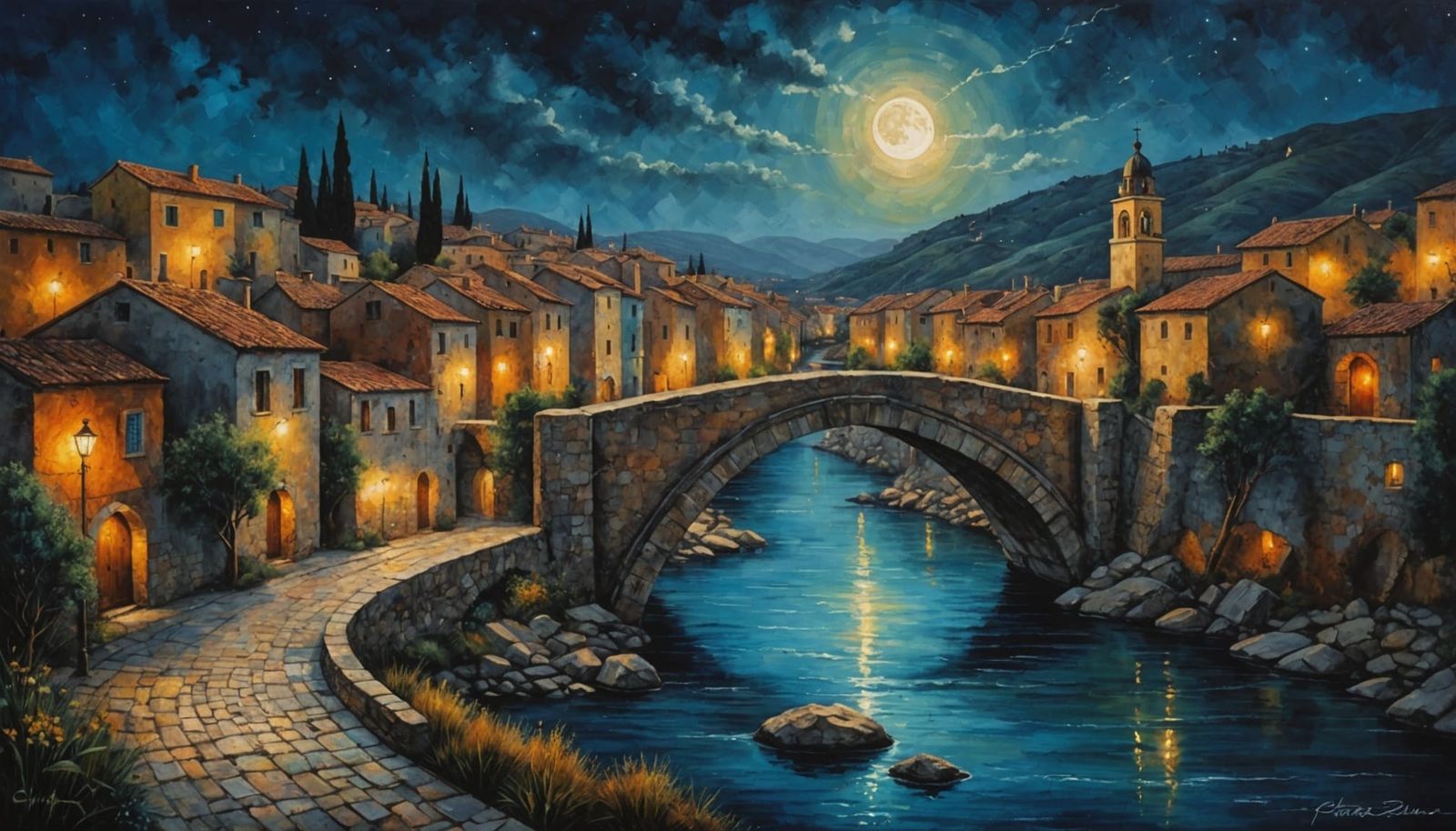 Rustic Mediterranean Town by Moonlight: Masterpiece Acrylic...