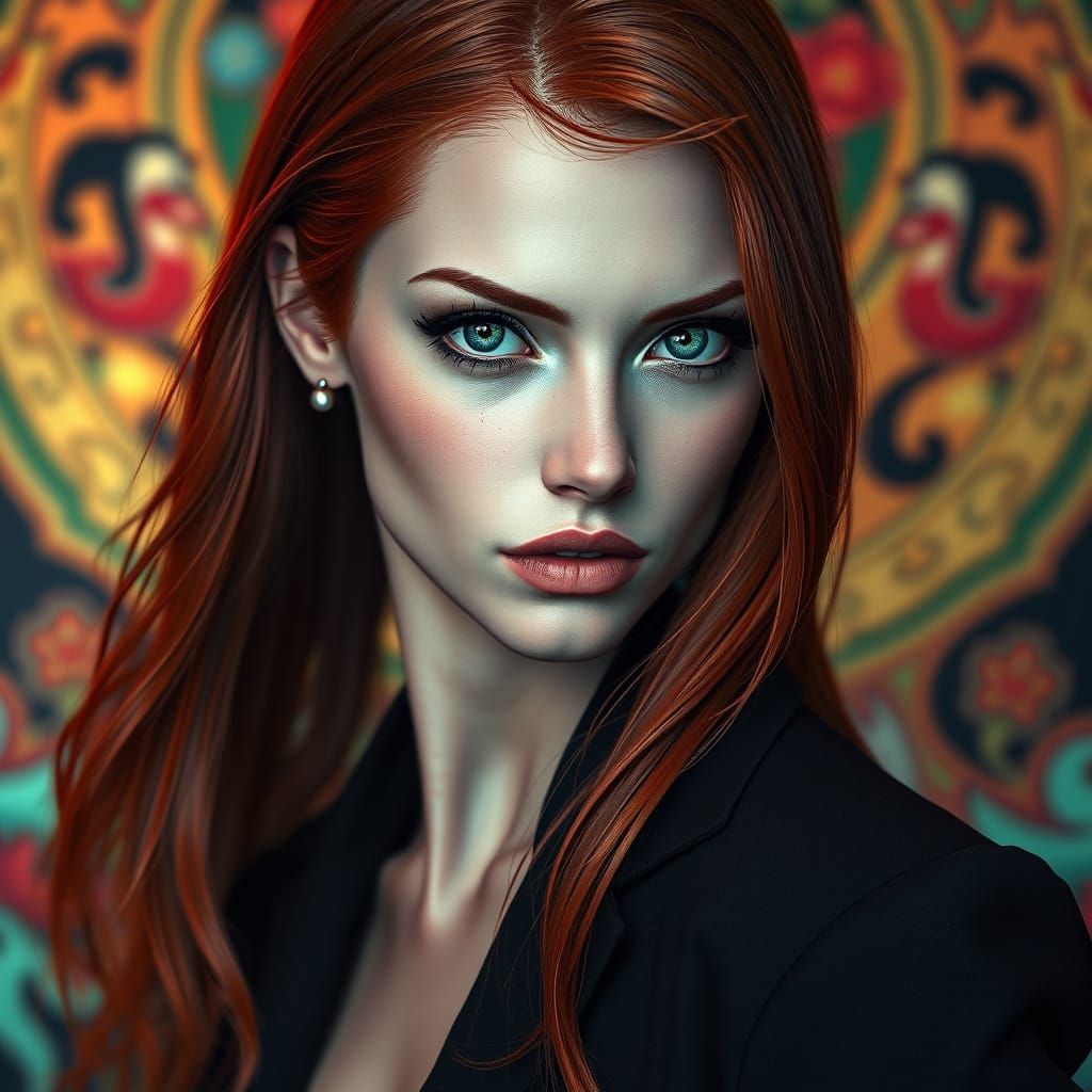 Hyperrealistic Portrait of a Red-Haired Woman in a Black Bla...