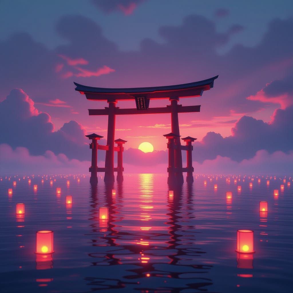 Glowing Red Torii Gate in Ocean at Dusk with Floating Lanter...