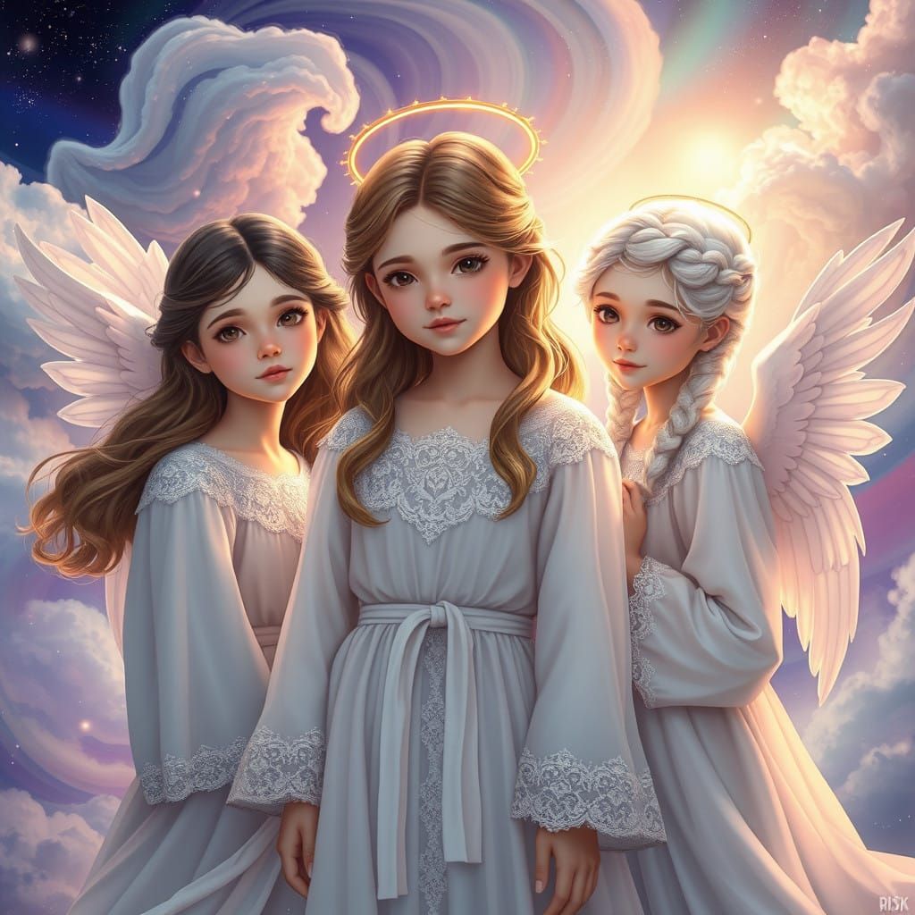 Three Adolescent Angelic Girls in Victorian-Inspired Attire...
